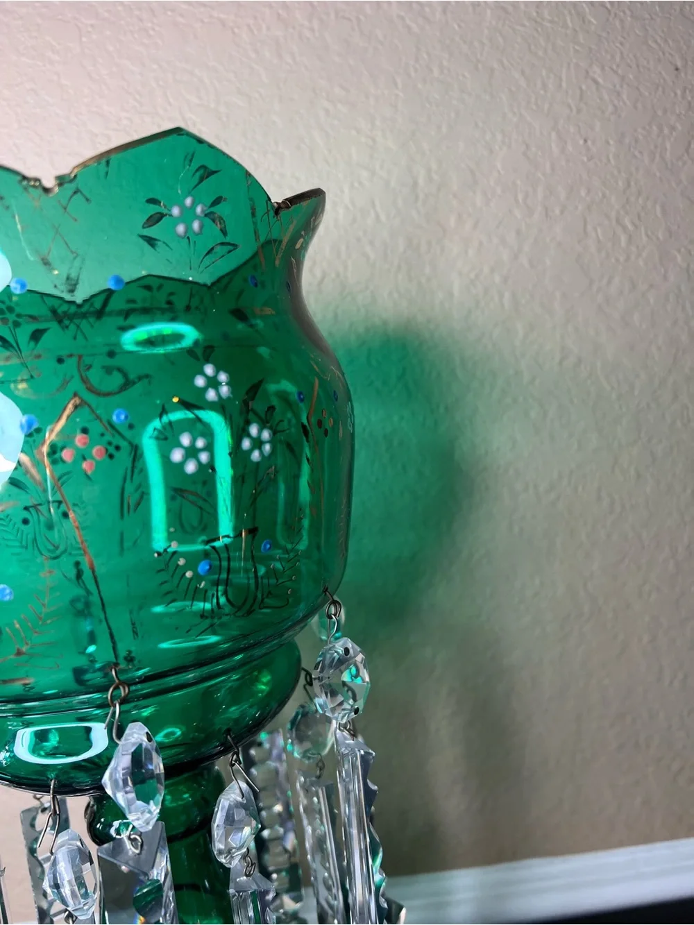 Antique Late 1800s Victorian Bohemian Glass Lustre Form, Emerald Green, Mantle